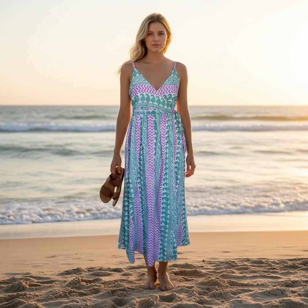 OLIPHANT Babylon Maxi Wrap Dress Med Cotton Boho Beachy Summer Resort Dress